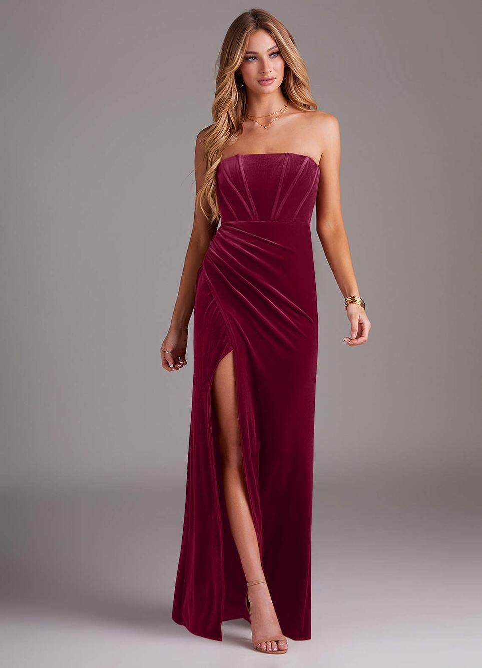 Azazie Strapless Velvet Maxi Dress in Burgundy